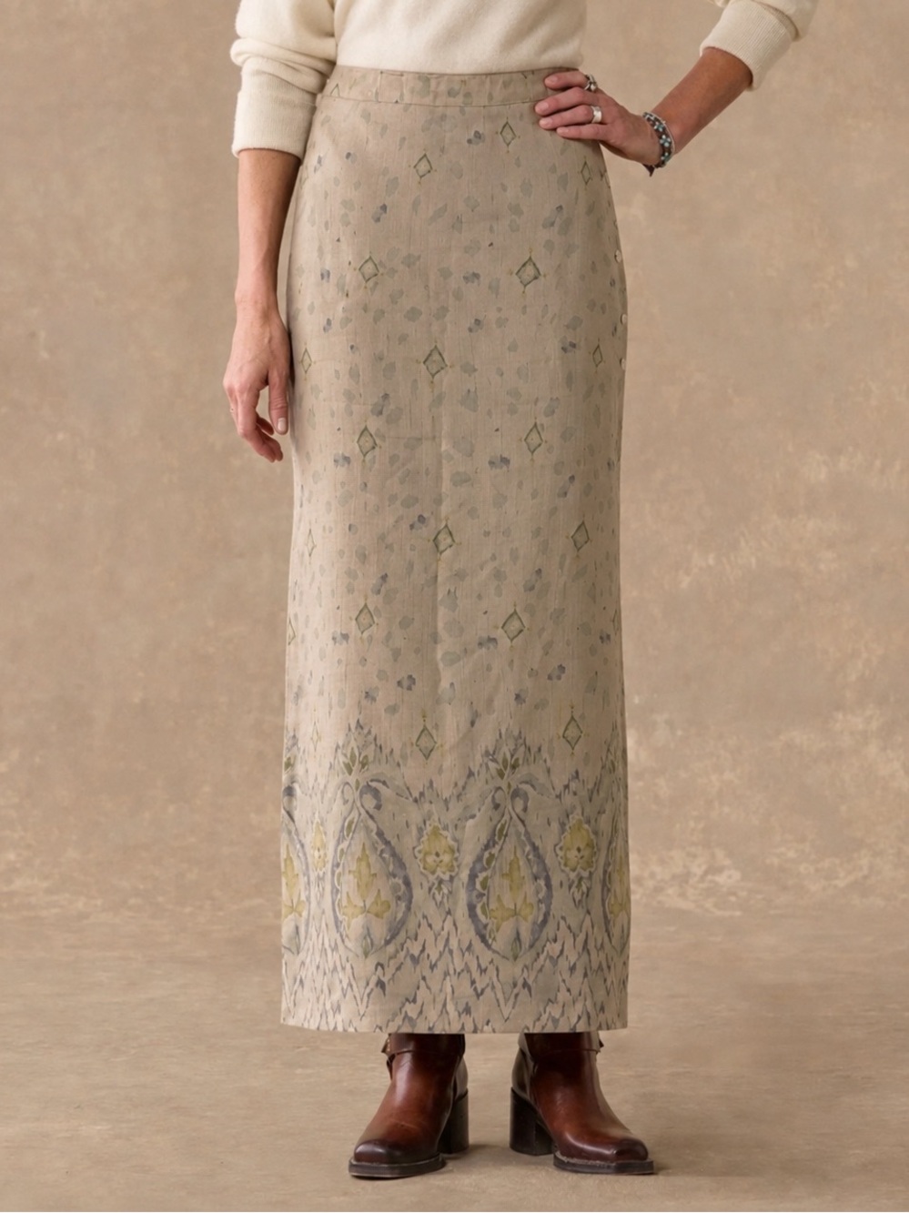 Sundance Beige and Yellow Silk & Linen Maxi Skirt Sz 10 Aztec Print Boho Chic